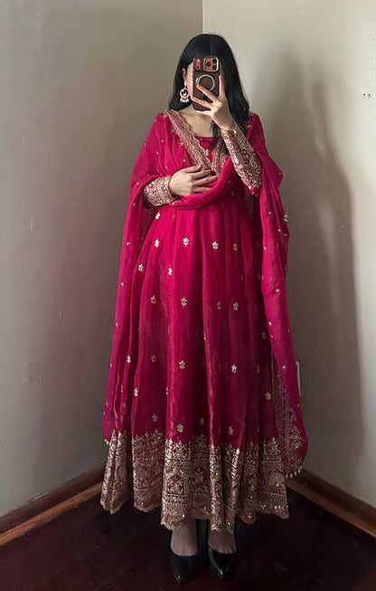 Rani Pink Fandy Silk Embroidery Sequins Work Anarkali Gown Pant with Dupatta (3/4 sleeve)