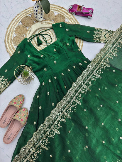 Green Fandy Silk Embroidery Sequins Work Anarkali Gown Pant with Dupatta (3/4 sleeve)