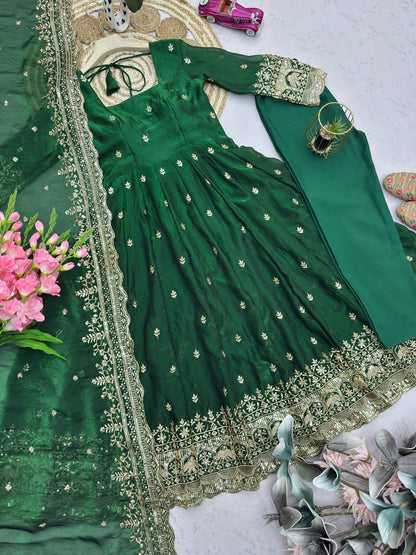 Green Fandy Silk Embroidery Sequins Work Anarkali Gown Pant with Dupatta (3/4 sleeve)