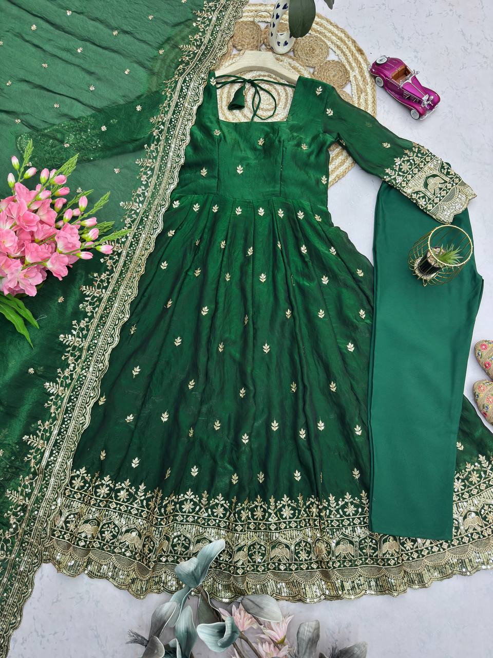 Green Fandy Silk Embroidery Sequins Work Anarkali Gown Pant with Dupatta (3/4 sleeve)