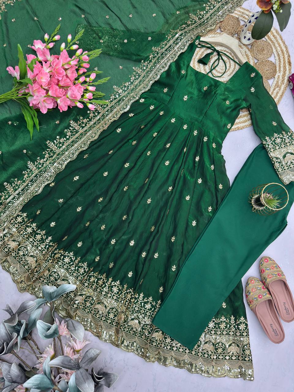Green Fandy Silk Embroidery Sequins Work Anarkali Gown Pant with Dupatta (3/4 sleeve)