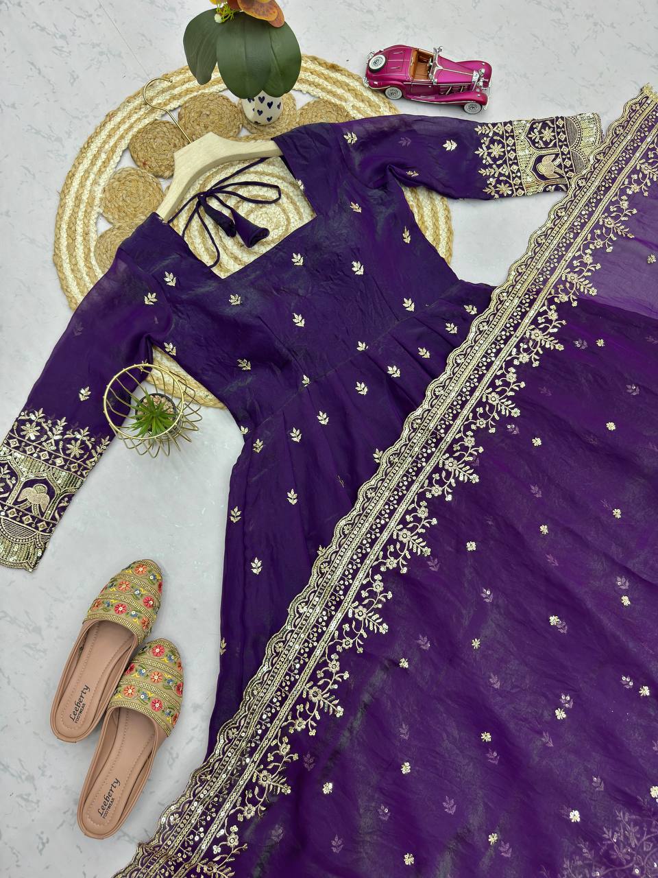 Purple Fandy Silk Embroidery Sequins Work Anarkali Gown Pant with Dupatta (3/4 sleeve)