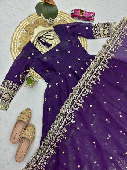 Purple Fandy Silk Embroidery Sequins Work Anarkali Gown Pant with Dupatta (3/4 sleeve)