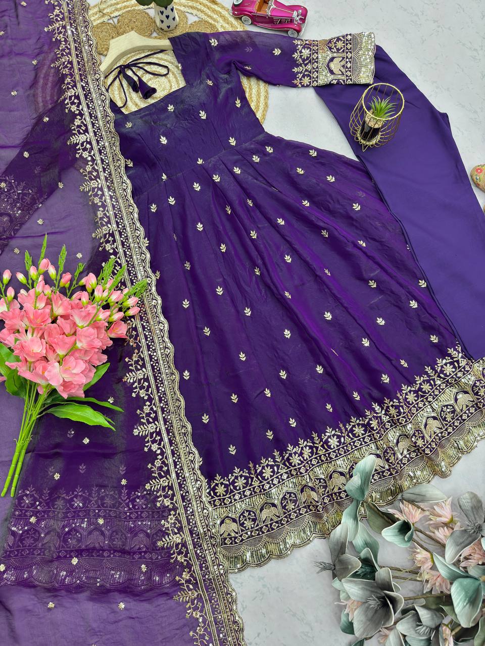 Purple Fandy Silk Embroidery Sequins Work Anarkali Gown Pant with Dupatta (3/4 sleeve)