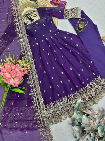 Purple Fandy Silk Embroidery Sequins Work Anarkali Gown Pant with Dupatta (3/4 sleeve)