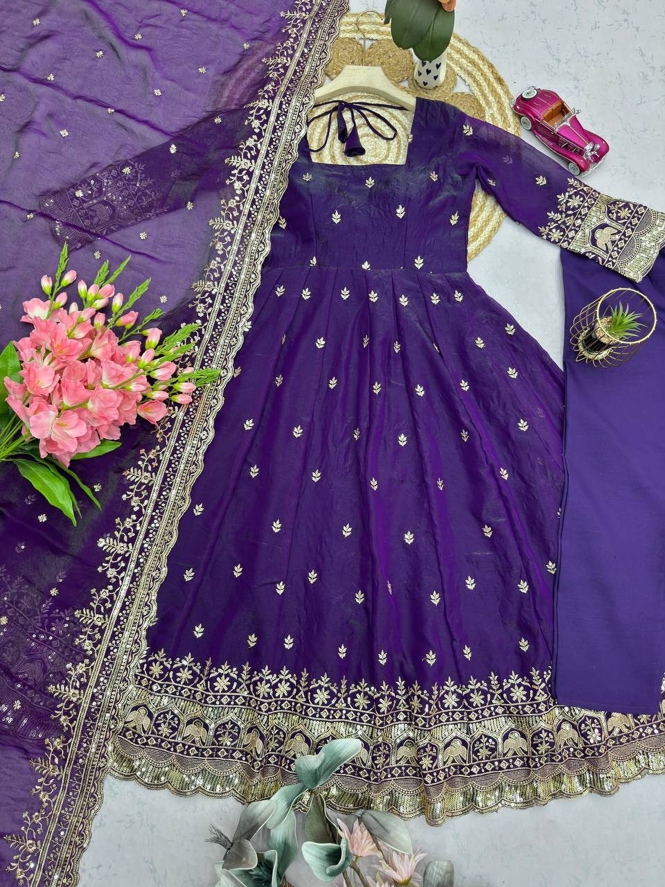 Purple Fandy Silk Embroidery Sequins Work Anarkali Gown Pant with Dupatta (3/4 sleeve)