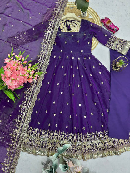 Purple Fandy Silk Embroidery Sequins Work Anarkali Gown Pant with Dupatta (3/4 sleeve)