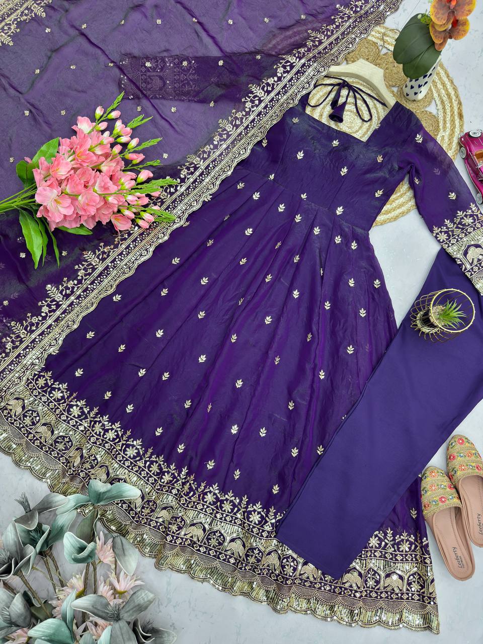 Purple Fandy Silk Embroidery Sequins Work Anarkali Gown Pant with Dupatta (3/4 sleeve)