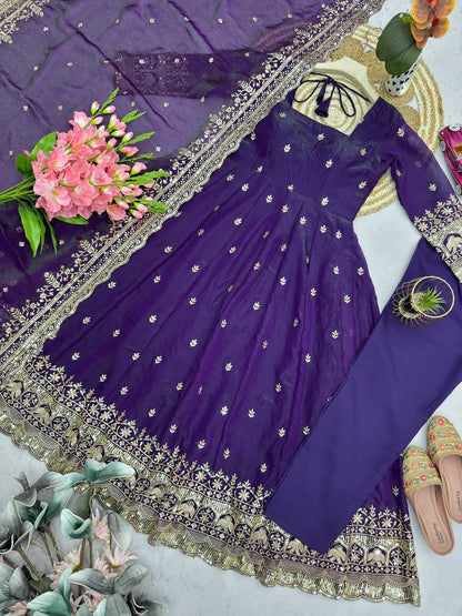 Purple Fandy Silk Embroidery Sequins Work Anarkali Gown Pant with Dupatta (3/4 sleeve)