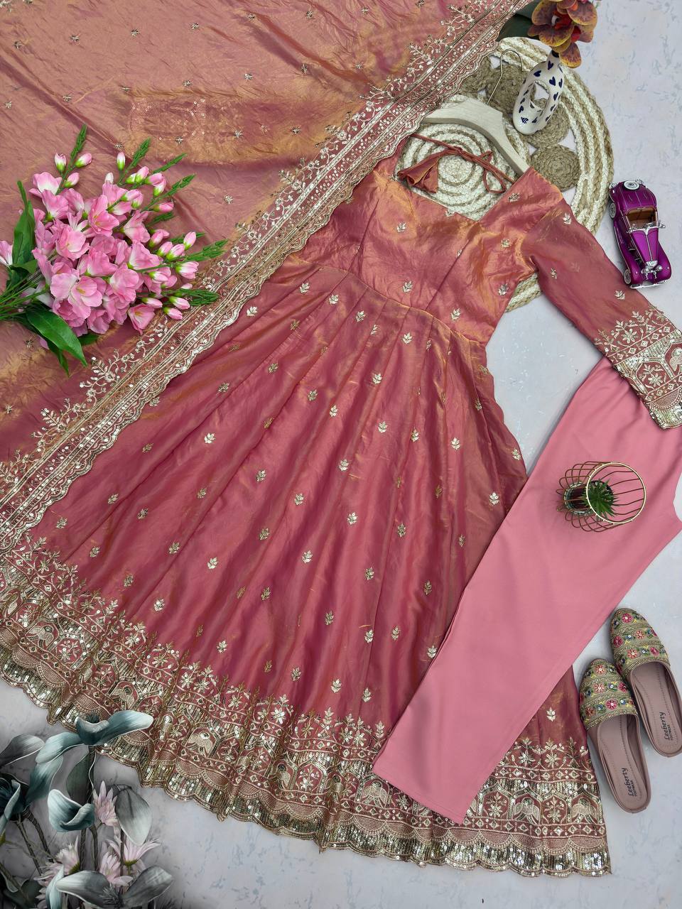 Peach Fandy Silk Embroidery Sequins Work Anarkali Gown Pant with Dupatta (3/4 sleeve)