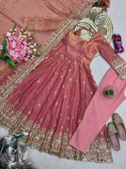 Peach Fandy Silk Embroidery Sequins Work Anarkali Gown Pant with Dupatta (3/4 sleeve)