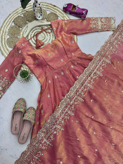 Peach Fandy Silk Embroidery Sequins Work Anarkali Gown Pant with Dupatta (3/4 sleeve)