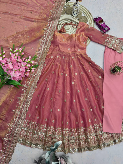 Peach Fandy Silk Embroidery Sequins Work Anarkali Gown Pant with Dupatta (3/4 sleeve)