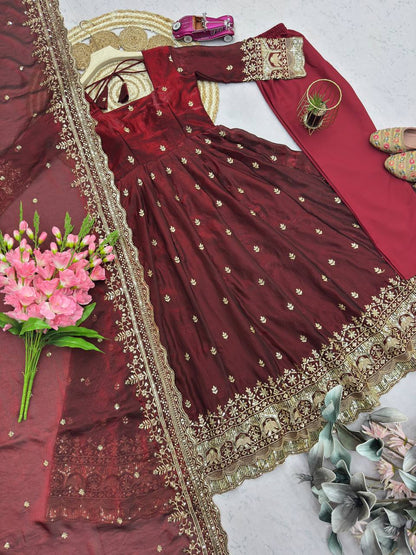 Maroon Fandy Silk Embroidery Sequins Work Anarkali Gown Pant with Dupatta (3/4 sleeve)