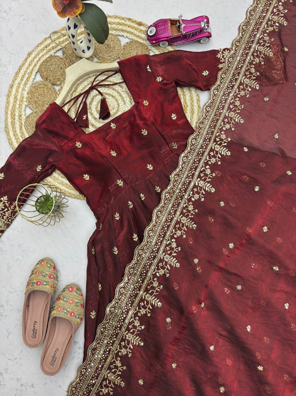 Maroon Fandy Silk Embroidery Sequins Work Anarkali Gown Pant with Dupatta (3/4 sleeve)