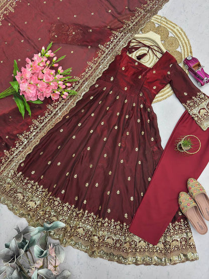 Maroon Fandy Silk Embroidery Sequins Work Anarkali Gown Pant with Dupatta (3/4 sleeve)