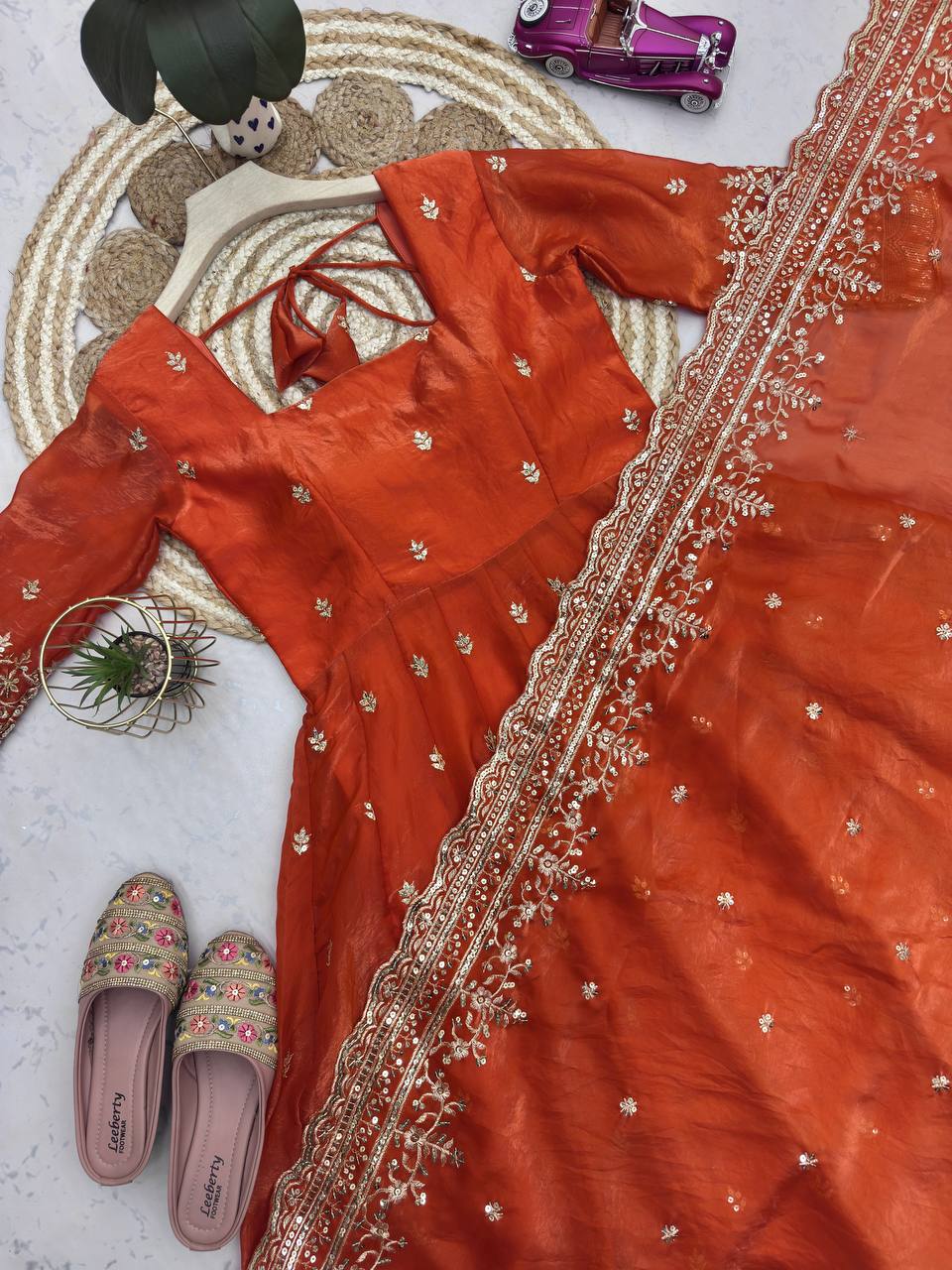 Rust Orange Fandy Silk Embroidery Sequins Work Anarkali Gown Pant with Dupatta (3/4 sleeve)
