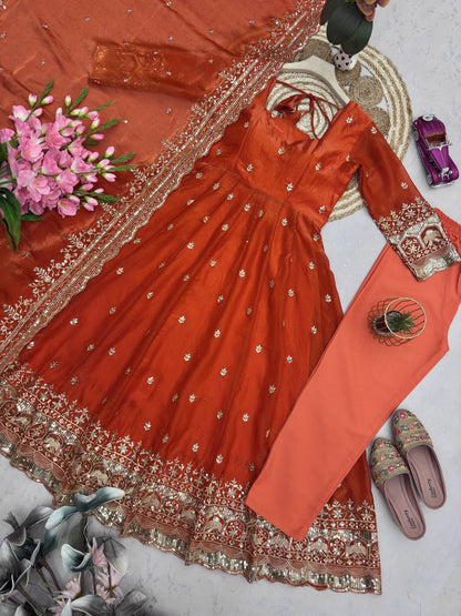 Rust Orange Fandy Silk Embroidery Sequins Work Anarkali Gown Pant with Dupatta (3/4 sleeve)
