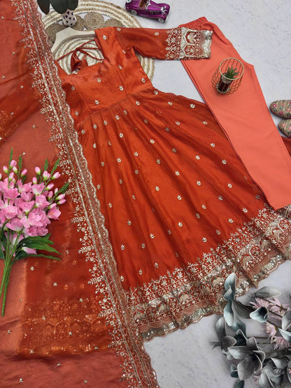 Rust Orange Fandy Silk Embroidery Sequins Work Anarkali Gown Pant with Dupatta (3/4 sleeve)