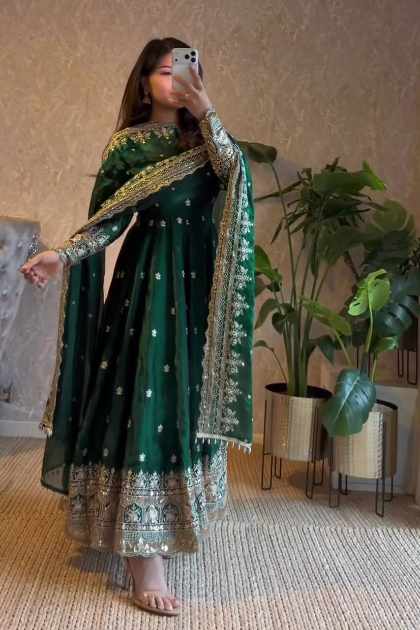 Green Fandy Silk Embroidery Sequins Work Anarkali Gown Pant with Dupatta (3/4 sleeve)