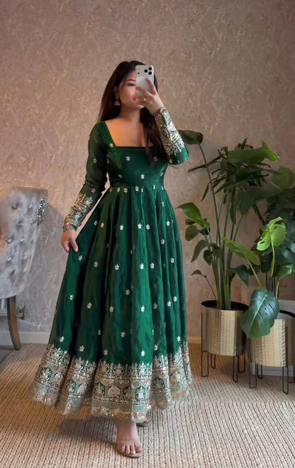 Green Fandy Silk Embroidery Sequins Work Anarkali Gown Pant with Dupatta (3/4 sleeve)
