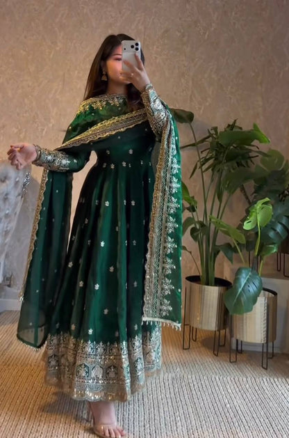 Green Fandy Silk Embroidery Sequins Work Anarkali Gown Pant with Dupatta (3/4 sleeve)