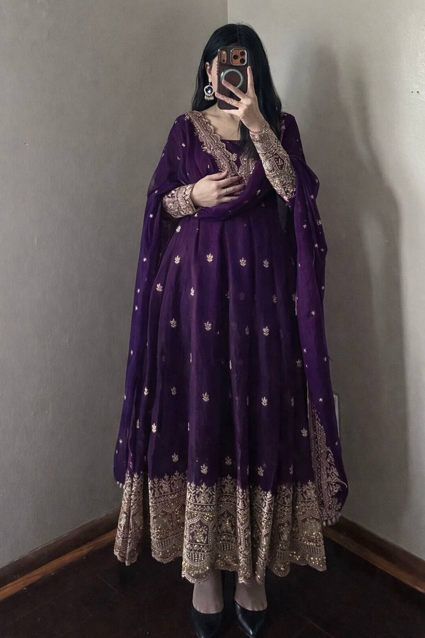 Purple Fandy Silk Embroidery Sequins Work Anarkali Gown Pant with Dupatta (3/4 sleeve)