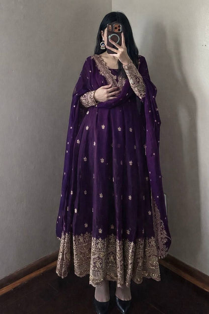 Purple Fandy Silk Embroidery Sequins Work Anarkali Gown Pant with Dupatta (3/4 sleeve)
