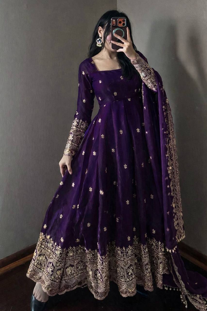 Purple Fandy Silk Embroidery Sequins Work Anarkali Gown Pant with Dupatta (3/4 sleeve)