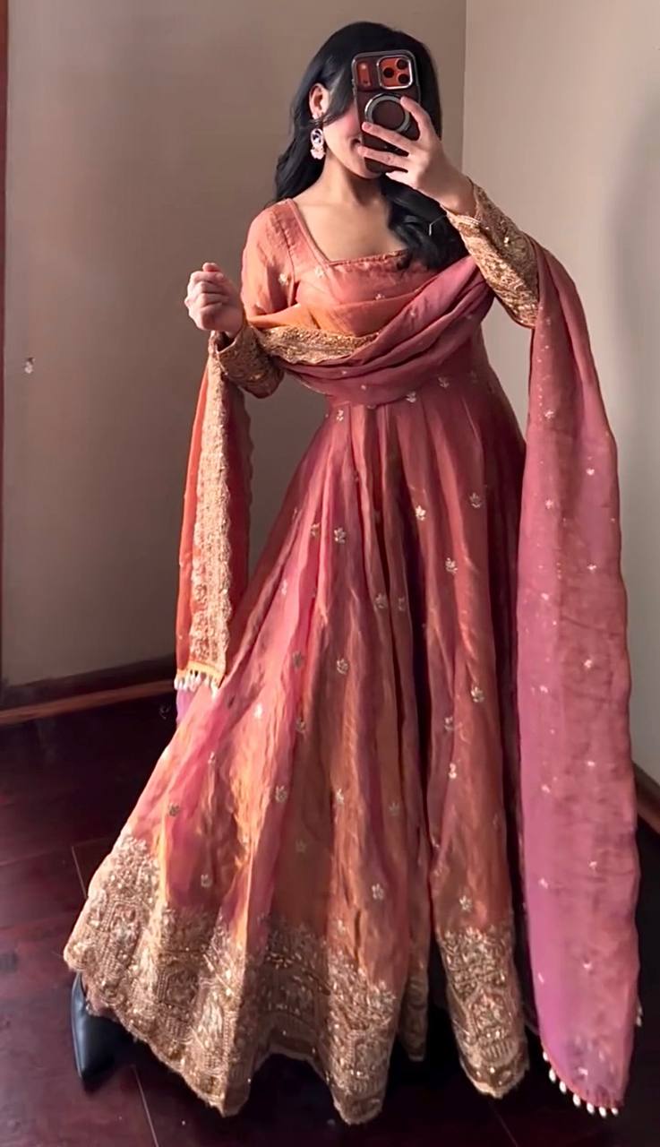 Peach Fandy Silk Embroidery Sequins Work Anarkali Gown Pant with Dupatta (3/4 sleeve)