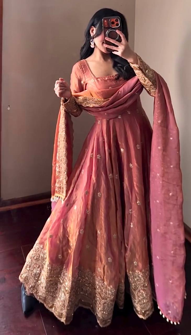Peach Fandy Silk Embroidery Sequins Work Anarkali Gown Pant with Dupatta (3/4 sleeve)