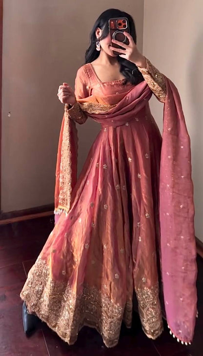 Peach Fandy Silk Embroidery Sequins Work Anarkali Gown Pant with Dupatta (3/4 sleeve)