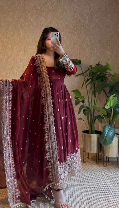 Maroon Fandy Silk Embroidery Sequins Work Anarkali Gown Pant with Dupatta (3/4 sleeve)