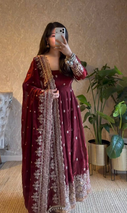 Maroon Fandy Silk Embroidery Sequins Work Anarkali Gown Pant with Dupatta (3/4 sleeve)