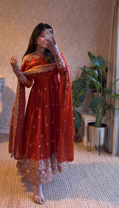 Rust Orange Fandy Silk Embroidery Sequins Work Anarkali Gown Pant with Dupatta (3/4 sleeve)