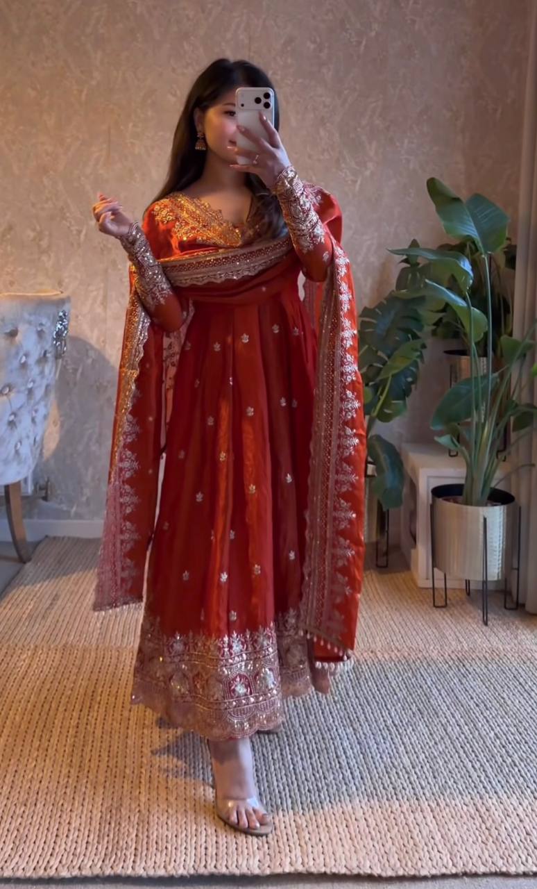 Rust Orange Fandy Silk Embroidery Sequins Work Anarkali Gown Pant with Dupatta (3/4 sleeve)