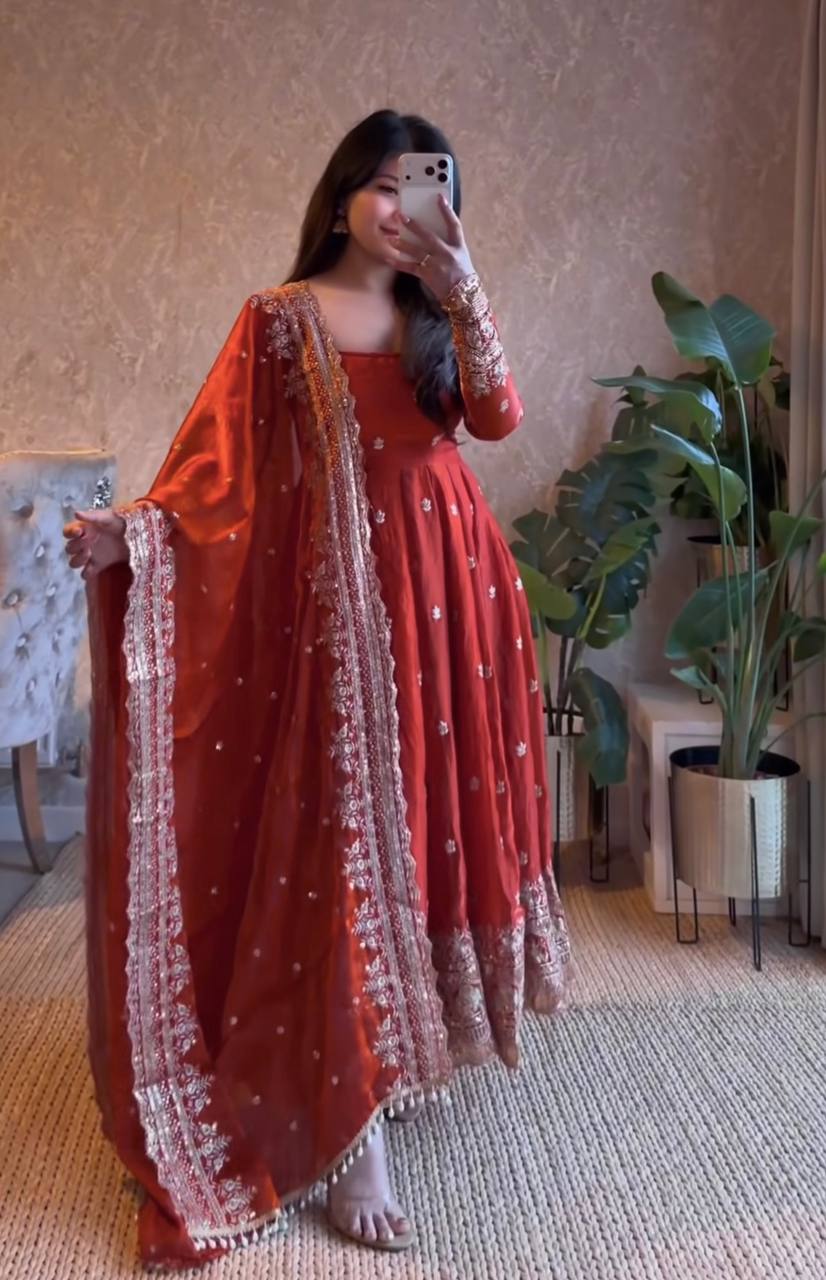 Rust Orange Fandy Silk Embroidery Sequins Work Anarkali Gown Pant with Dupatta (3/4 sleeve)