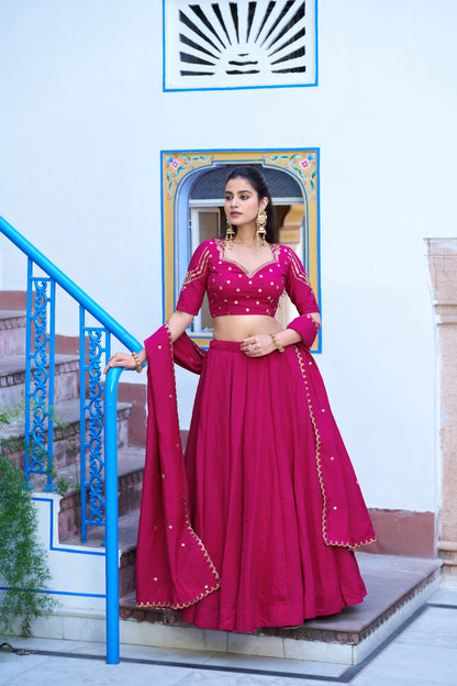Rani Pink NC Silk Wedding Wear Lehenga Choli with Dupatta