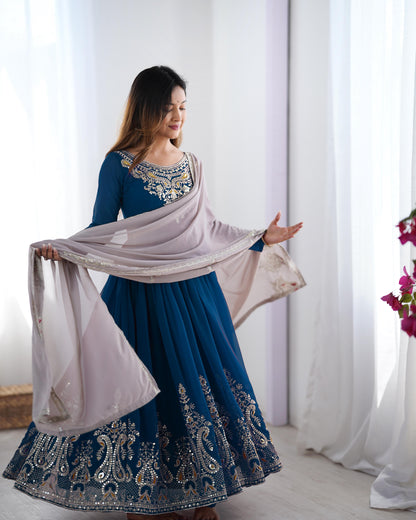Teal Blue color Heavy Georgette Embroidery Sequence Anarkali Gown Pant and Dupatta