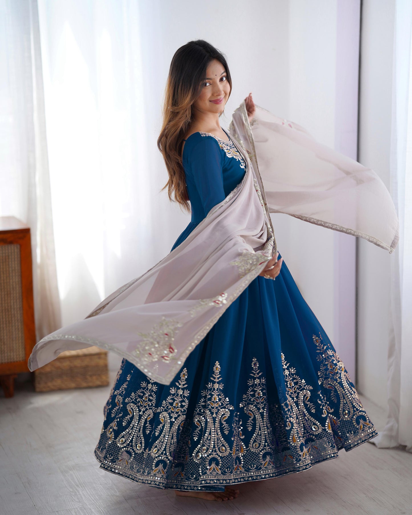 Teal Blue color Heavy Georgette Embroidery Sequence Anarkali Gown Pant and Dupatta