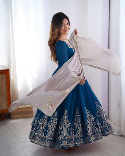 Teal Blue color Heavy Georgette Embroidery Sequence Anarkali Gown Pant and Dupatta