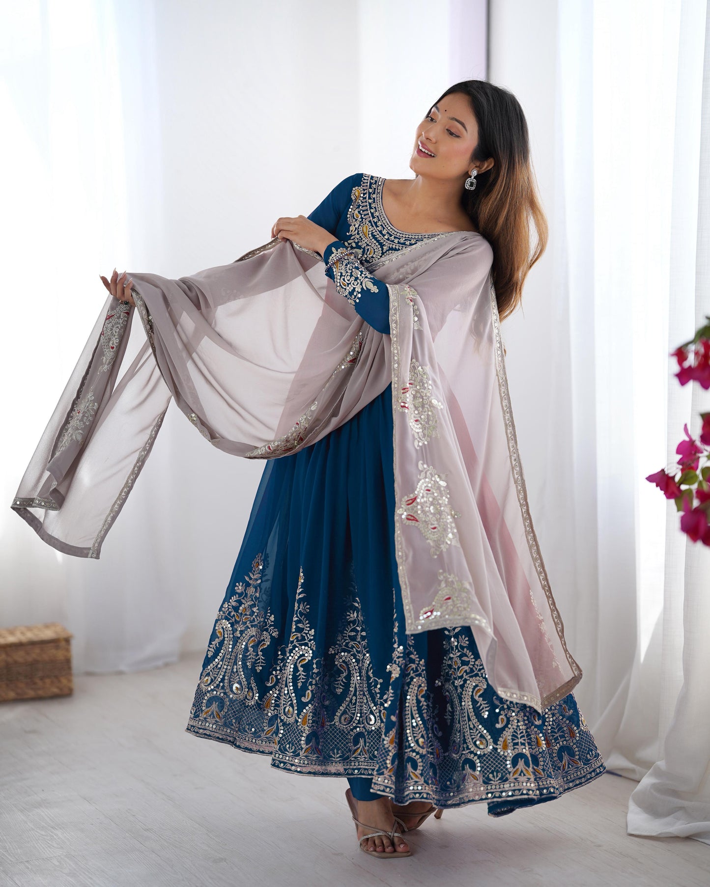 Teal Blue color Heavy Georgette Embroidery Sequence Anarkali Gown Pant and Dupatta