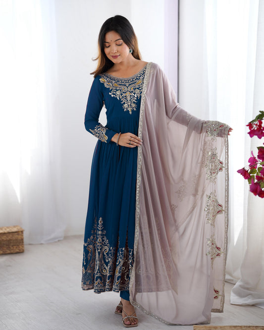 Teal Blue color Heavy Georgette Embroidery Sequence Anarkali Gown Pant and Dupatta