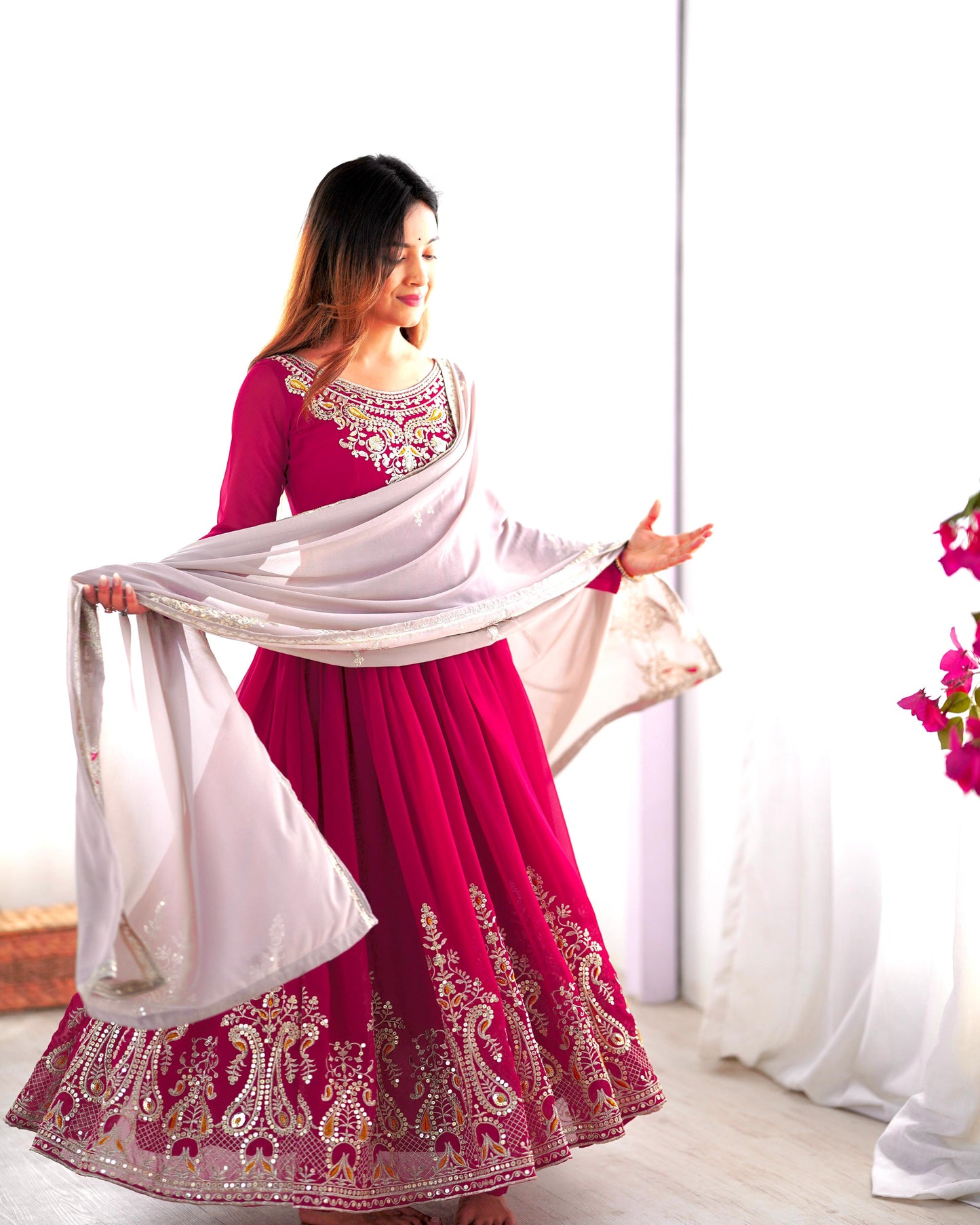 Pink Heavy Georgette Embroidery Sequence Anarkali Gown Pant and Dupatta