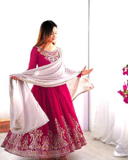 Pink Heavy Georgette Embroidery Sequence Anarkali Gown Pant and Dupatta