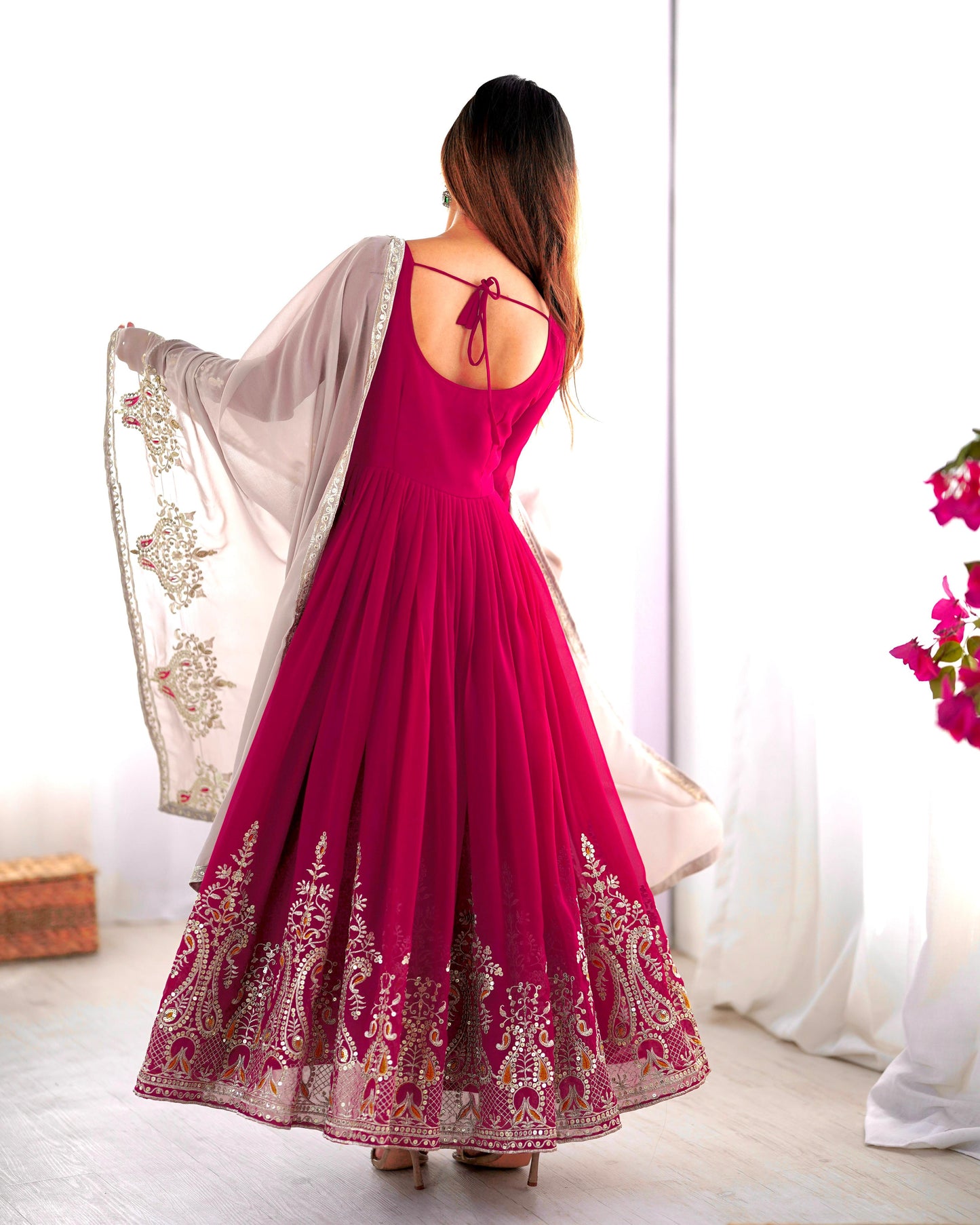 Pink Heavy Georgette Embroidery Sequence Anarkali Gown Pant and Dupatta