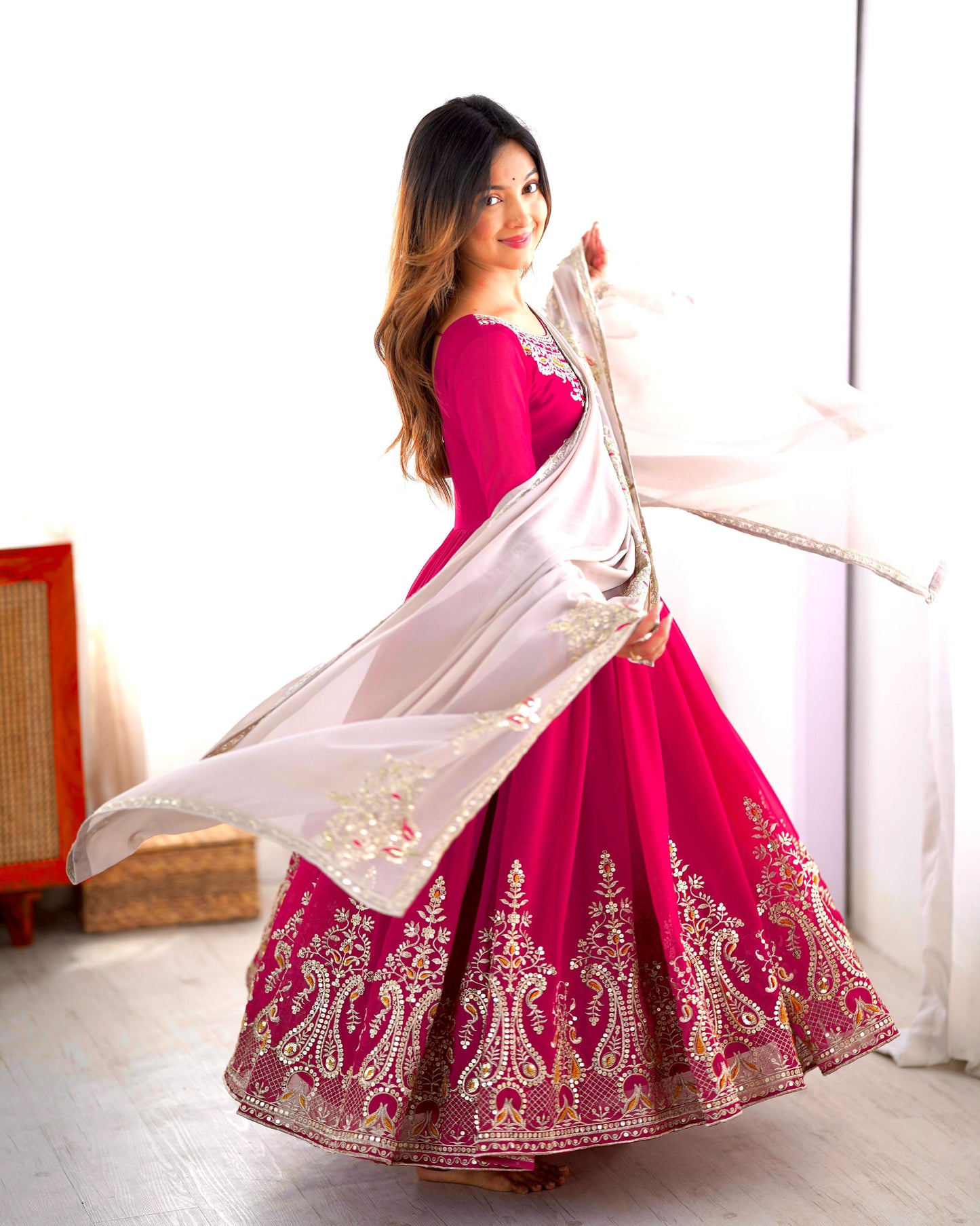 Pink Heavy Georgette Embroidery Sequence Anarkali Gown Pant and Dupatta