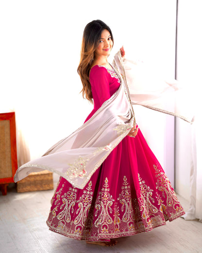Pink Heavy Georgette Embroidery Sequence Anarkali Gown Pant and Dupatta