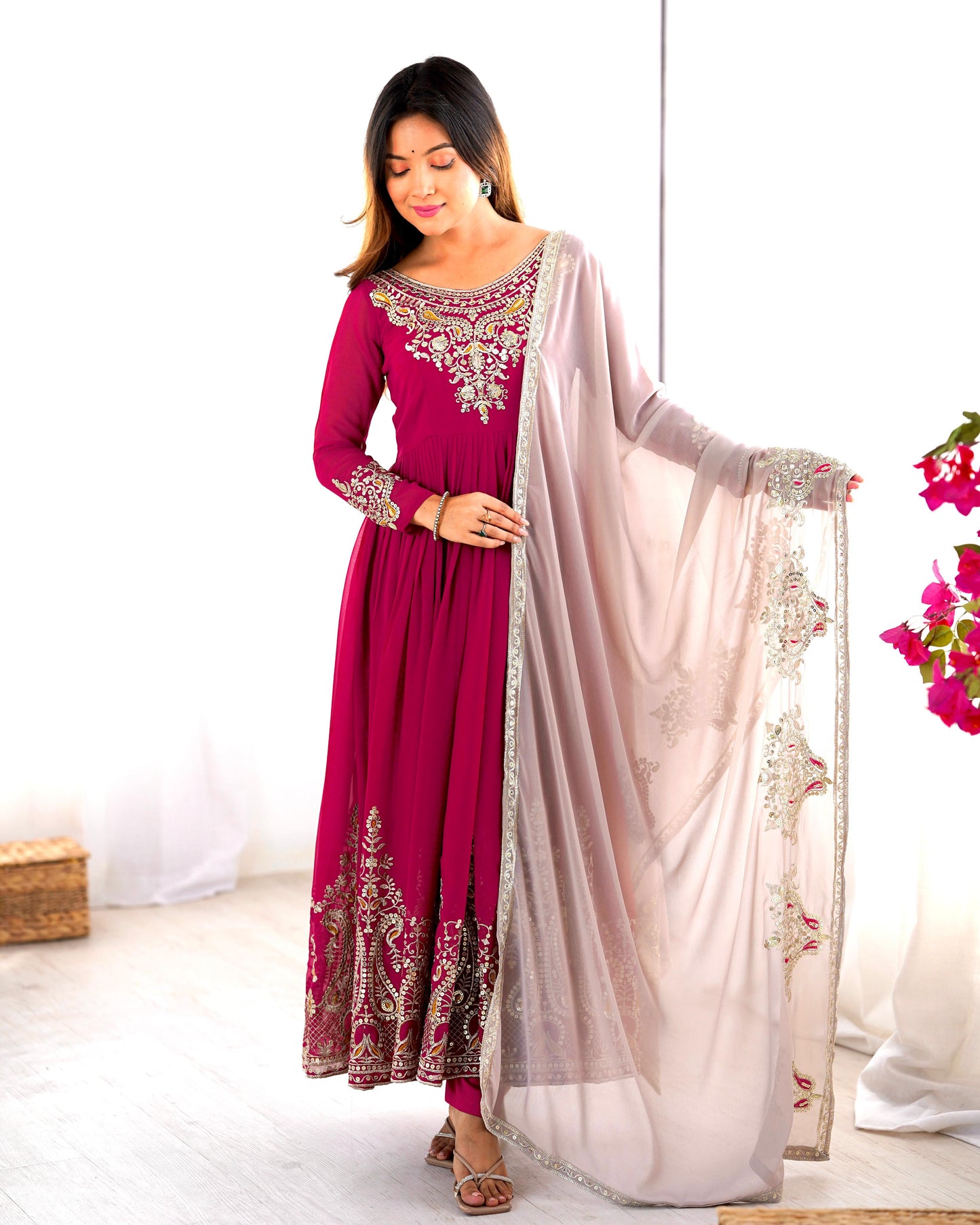 Pink Heavy Georgette Embroidery Sequence Anarkali Gown Pant and Dupatta