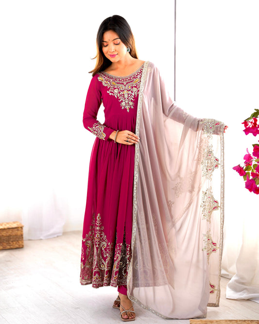 Pink Heavy Georgette Embroidery Sequence Anarkali Gown Pant and Dupatta